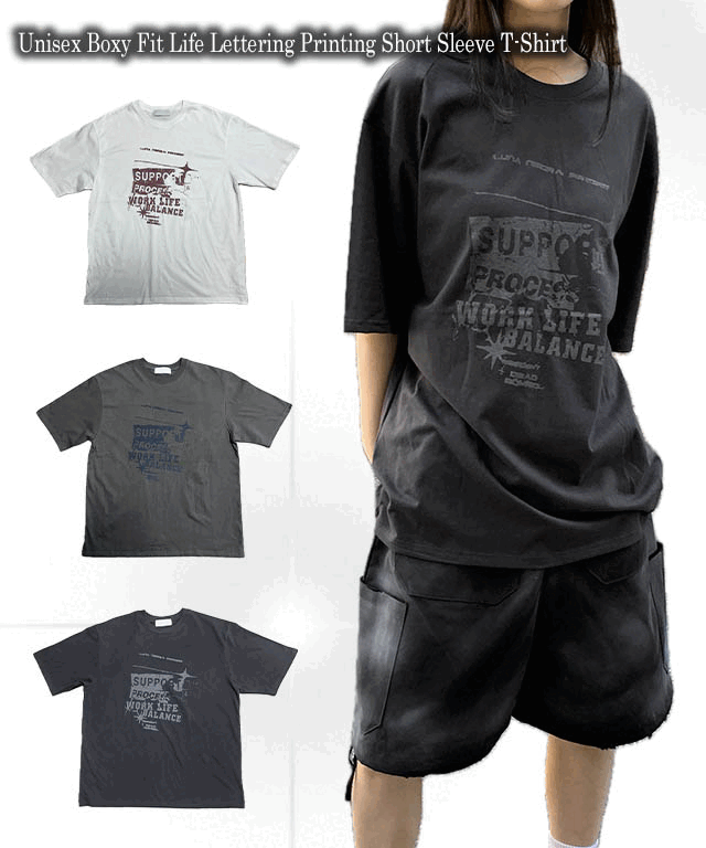 UNISEX/남녀공용 [3COLOR] 유니섹스 박시핏 라이프 레터링 프린팅 반팔 티셔츠