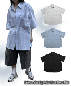 [3COLOR] 남녀공용 오버핏 카라 빅포켓 반팔 셔츠